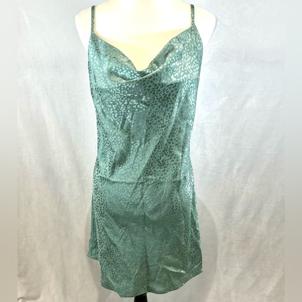 Sage green satin printed cowl neck slip dress size medium